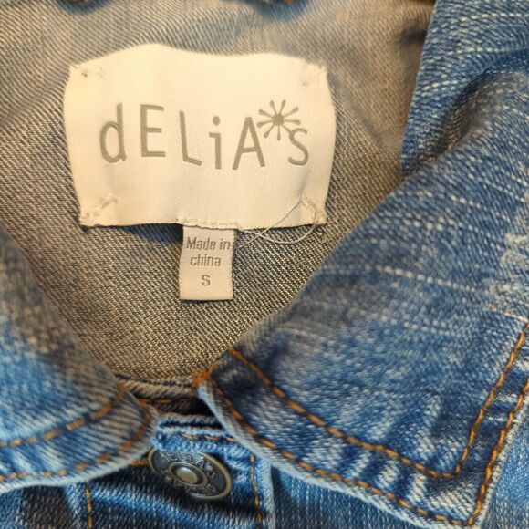 Delia’s Denim Jean Jacket Womens Small Y2K Crochet Flowers Floral - Picture 2 of 7